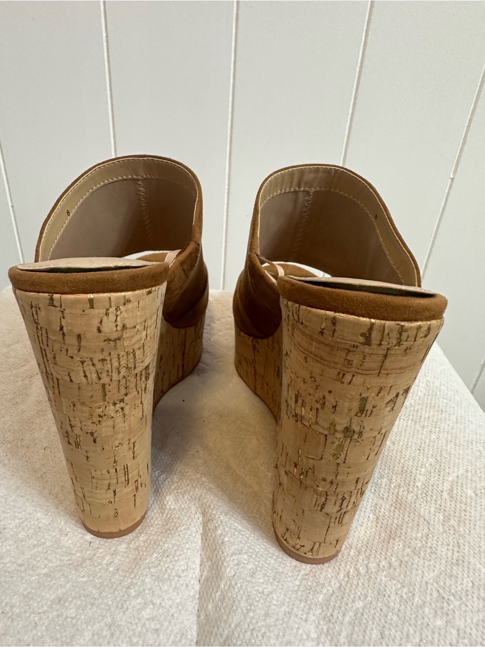 Express Tan Suede Cork Wedge Mule Sandals - Picture 3 of 5